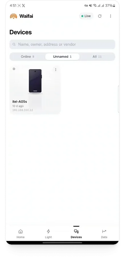 Waifai, running: a pass through the app from the home screen to the devices, the light history and the line's readings